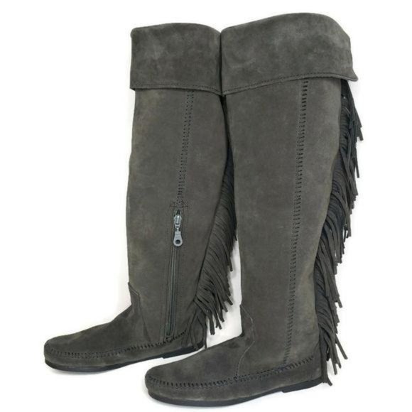 Minnitonka NWT over the knee fringe leather boots charcoal gray sz 5 small feet - Picture 8 of 13